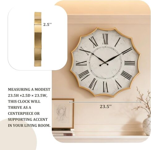 23.5 Inch Vintage Roman Numeral Wall Clock with Gold Trim, Decorative Metal Frame & White Face, Large Modern Wall Clock for Living Room, Office, Hallway in Saudi Arabia