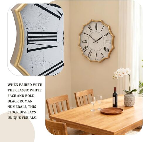 23.5 Inch Vintage Roman Numeral Wall Clock with Gold Trim, Decorative Metal Frame & White Face, Large Modern Wall Clock for Living Room, Office, Hallway in Saudi Arabia