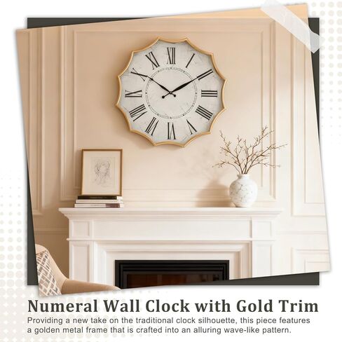23.5 Inch Vintage Roman Numeral Wall Clock with Gold Trim, Decorative Metal Frame & White Face, Large Modern Wall Clock for Living Room, Office, Hallway in Saudi Arabia