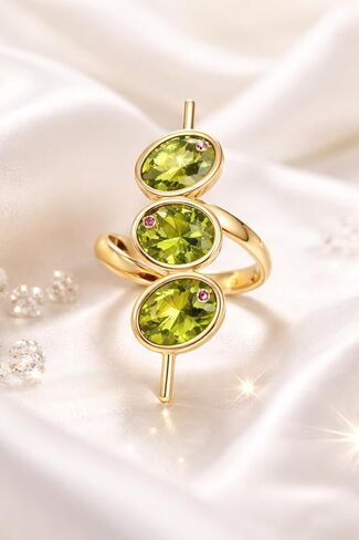 14K Gold Vermeil Peridot & Ruby Ring for Women – Three Oval Peridot Gemstones with Ruby Accents – August Birthstone Statement Ring – Fine Jewelry Gift for Her in Saudi Arabia