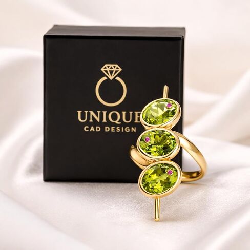 14K Gold Vermeil Peridot & Ruby Ring for Women – Three Oval Peridot Gemstones with Ruby Accents – August Birthstone Statement Ring – Fine Jewelry Gift for Her in Saudi Arabia