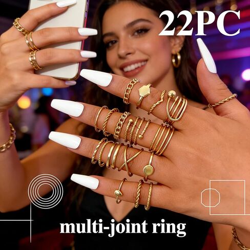 22 Pieces Gold Knuckle Rings Set for Women Boho Midi Stacking Pearl Rhinestone Band Vintage Joint Finger Ornaments (Pack of 22) in Saudi Arabia