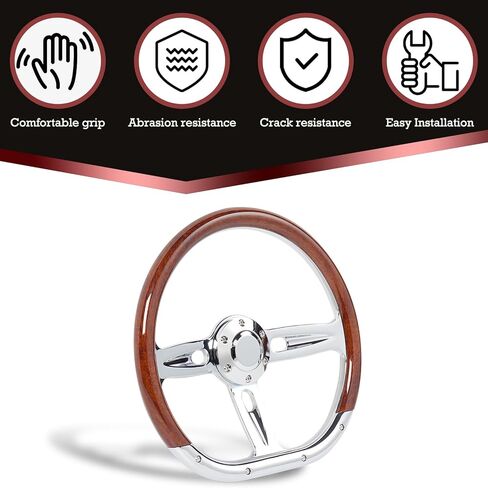 14Inch Wood D-Shape Universal Steering Wheel - Chrome-Plated Aluminum Alloy 3 Spokes 6 Holes 50mm Deep Dish for Racing Car Classic Car Vintage Car 350mm Universal Wood Grain Steering Wheel in Kuwait