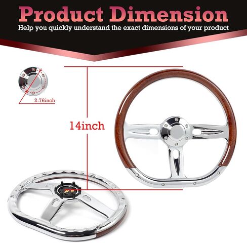 14Inch Wood D-Shape Universal Steering Wheel - Chrome-Plated Aluminum Alloy 3 Spokes 6 Holes 50mm Deep Dish for Racing Car Classic Car Vintage Car 350mm Universal Wood Grain Steering Wheel in Kuwait