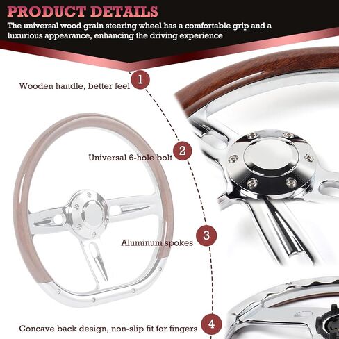 14Inch Wood D-Shape Universal Steering Wheel - Chrome-Plated Aluminum Alloy 3 Spokes 6 Holes 50mm Deep Dish for Racing Car Classic Car Vintage Car 350mm Universal Wood Grain Steering Wheel in Kuwait