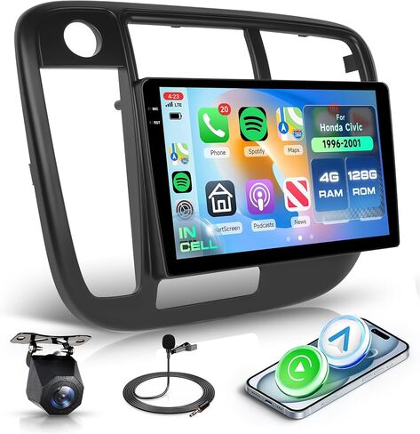 2G 64G ستيريو سيارة أندرويد لهوندا سيفيك 1996-2001، Carplay اللاسلكي Android Auto Car Radio 9 بوصة تعمل باللمس وحدة الرأس مع GPS WiFi Bluetooth Mirror Link FM RDS كاميرا احتياطية Mic in Kuwait