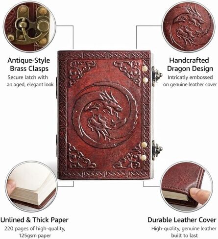 دفتر يوميات التنين من الجلد من MONTEXOO مع قفل وكتاب ظلال مقاس 8 بوصة بني in Kuwait