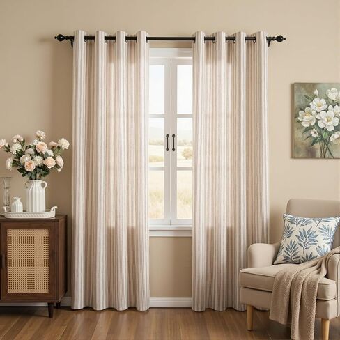 MYSKY HOME Taupe Striped Linen Curtains 84 Inches Long Light Filtering Curtains for Bedroom Living Room Farmhouse Rustic Cottage Core Tan Ticking Pinstripe Patterned, Grommet, 2 Panels, 52" Wide in Kuwait
