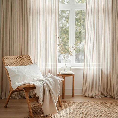 MYSKY HOME Taupe Striped Linen Curtains 84 Inches Long Light Filtering Curtains for Bedroom Living Room Farmhouse Rustic Cottage Core Tan Ticking Pinstripe Patterned, Grommet, 2 Panels, 52" Wide in Kuwait