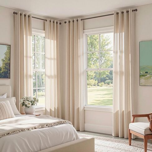 MYSKY HOME Taupe Striped Linen Curtains 84 Inches Long Light Filtering Curtains for Bedroom Living Room Farmhouse Rustic Cottage Core Tan Ticking Pinstripe Patterned, Grommet, 2 Panels, 52" Wide in Kuwait