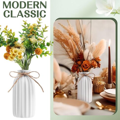 12 Pack 4.9 Inches White Ceramic Bud Vases Bulk with Twine Ropes Small Ribbed Flower Vases for Boho Rustic Table Centerpieces Pampas Grass Modern Boho Home Party Decor in Saudi Arabia
