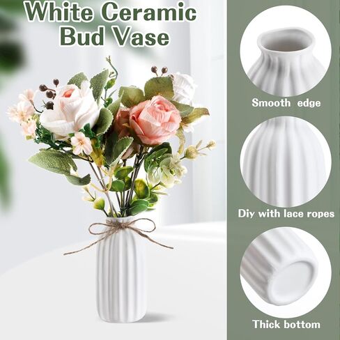 12 Pack 4.9 Inches White Ceramic Bud Vases Bulk with Twine Ropes Small Ribbed Flower Vases for Boho Rustic Table Centerpieces Pampas Grass Modern Boho Home Party Decor in Saudi Arabia