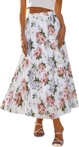 ANRABESS Womens Pleated Maxi Skirts Summer Floral Chiffon Dressy Casual Flowy Skirt with Full Lined Beach Vacation Clothes in Saudi Arabia
