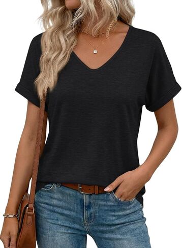 Women V Neck Rolled Sleeve Tops Summer Curved Hem Short Sleeve T Shirts Loose Fit Tees 2025 in Kuwait
