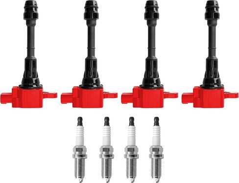 ENA Set of 4 Red Ignition Coil Pack and 4 Platinum Spark Plug Compatible with Nissan 2002 2003 2004 2005 2006 Sentra Altima 2.5L L4 Coils Replacement for UF350 224488H315 C1398 4505 in Saudi Arabia