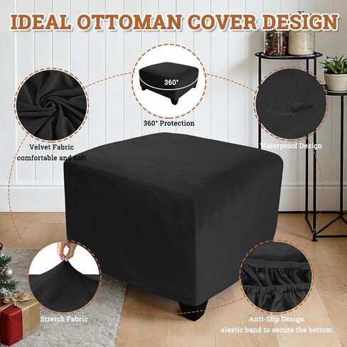 DUJUIKE Strech Square Ottoman Cover Waterproof Ottoman Slipcover Folding Storage Stool Furniture Protrctor Soft Footrst Stool Cover with Elastic Brand for Pets, Kids (Black, Square:Large) in Saudi Arabia