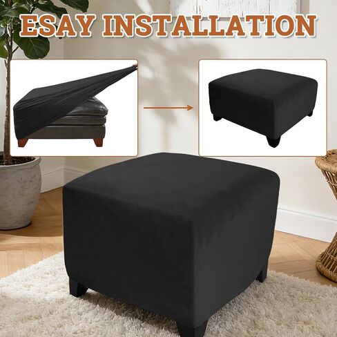 DUJUIKE Strech Square Ottoman Cover Waterproof Ottoman Slipcover Folding Storage Stool Furniture Protrctor Soft Footrst Stool Cover with Elastic Brand for Pets, Kids (Black, Square:Large) in Saudi Arabia