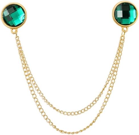 Double Green CZ Hanging Layered Chains Brooch Lapel Pins Badge Gold Plated Gem Collar Pin for Men Career Suit Tuxedo Shirts Tie Hat Scarf Accessories Decoration Fashion Jewelry in Saudi Arabia