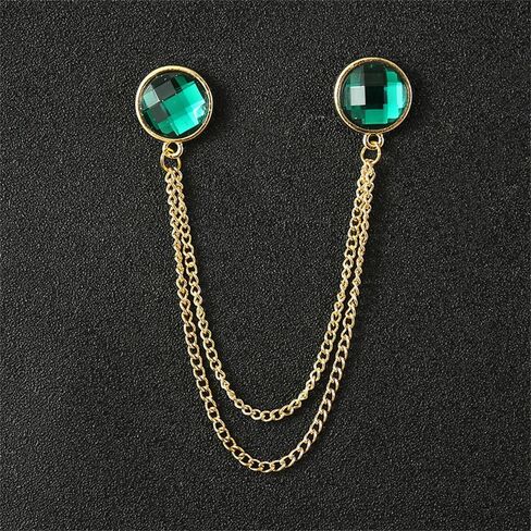 Double Green CZ Hanging Layered Chains Brooch Lapel Pins Badge Gold Plated Gem Collar Pin for Men Career Suit Tuxedo Shirts Tie Hat Scarf Accessories Decoration Fashion Jewelry in Saudi Arabia