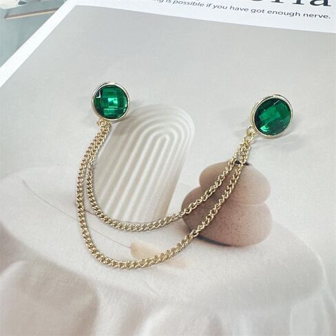 Double Green CZ Hanging Layered Chains Brooch Lapel Pins Badge Gold Plated Gem Collar Pin for Men Career Suit Tuxedo Shirts Tie Hat Scarf Accessories Decoration Fashion Jewelry in Saudi Arabia