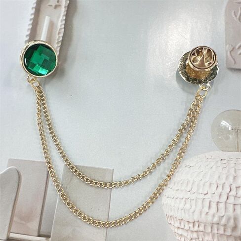 Double Green CZ Hanging Layered Chains Brooch Lapel Pins Badge Gold Plated Gem Collar Pin for Men Career Suit Tuxedo Shirts Tie Hat Scarf Accessories Decoration Fashion Jewelry in Saudi Arabia