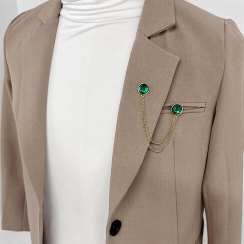 Double Green CZ Hanging Layered Chains Brooch Lapel Pins Badge Gold Plated Gem Collar Pin for Men Career Suit Tuxedo Shirts Tie Hat Scarf Accessories Decoration Fashion Jewelry in Saudi Arabia