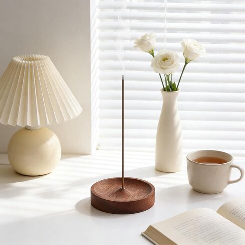 حامل بخور الجوز البني، صينية بخور خشبية مستديرة، وعاء حامل عصا البخور الطبيعي للاسترخاء في المنزل والتأمل واليوجا وديكور غرفة السبا (3 × 0.7 بوصة، فتحة 0.01 بوصة) in Kuwait