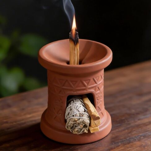2 in 1 Incense Burner, Palo Santo Holder, Chiminea Smudging Bowl with Palo/Sage Storage Space, Handcrafted Ceramic, for Spiritual Meditation, Zen Altar and Home Décor, Perfect for Rituals in Kuwait