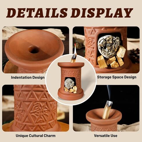 2 in 1 Incense Burner, Palo Santo Holder, Chiminea Smudging Bowl with Palo/Sage Storage Space, Handcrafted Ceramic, for Spiritual Meditation, Zen Altar and Home Décor, Perfect for Rituals in Kuwait