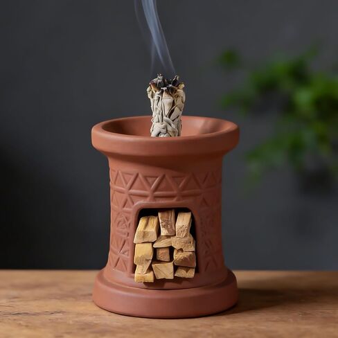 2 in 1 Incense Burner, Palo Santo Holder, Chiminea Smudging Bowl with Palo/Sage Storage Space, Handcrafted Ceramic, for Spiritual Meditation, Zen Altar and Home Décor, Perfect for Rituals in Kuwait
