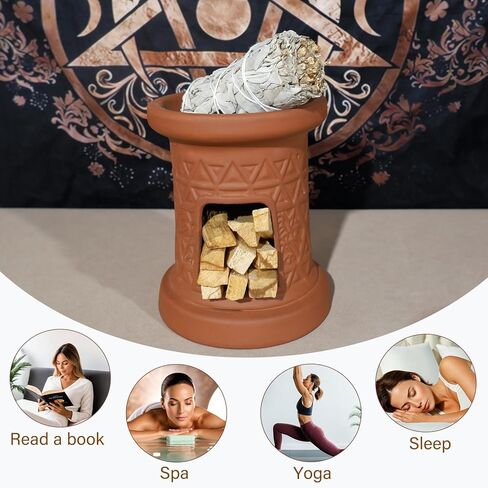 2 in 1 Incense Burner, Palo Santo Holder, Chiminea Smudging Bowl with Palo/Sage Storage Space, Handcrafted Ceramic, for Spiritual Meditation, Zen Altar and Home Décor, Perfect for Rituals in Kuwait
