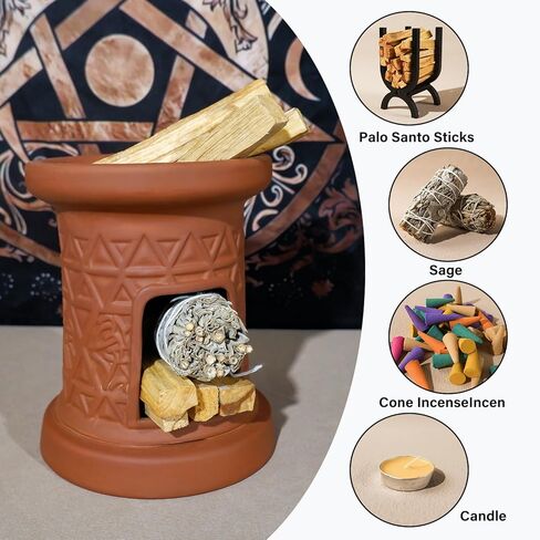 2 in 1 Incense Burner, Palo Santo Holder, Chiminea Smudging Bowl with Palo/Sage Storage Space, Handcrafted Ceramic, for Spiritual Meditation, Zen Altar and Home Décor, Perfect for Rituals in Kuwait