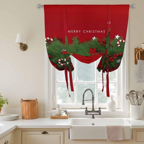 Christmas Tie Up Curtains for Window, Winter Chic Pine Branch Xmas Sandpins Candy Red Thermal Balloon Shade Adjustable Rod Pocket Curtains Valance Panels for Kitchen Bathroom Café 42'' x 45'' in Saudi Arabia
