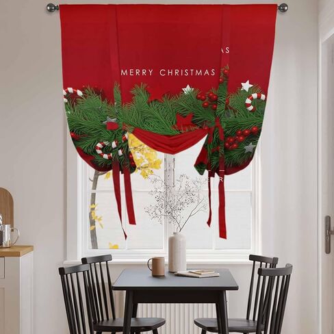 Christmas Tie Up Curtains for Window, Winter Chic Pine Branch Xmas Sandpins Candy Red Thermal Balloon Shade Adjustable Rod Pocket Curtains Valance Panels for Kitchen Bathroom Café 42'' x 45'' in Saudi Arabia