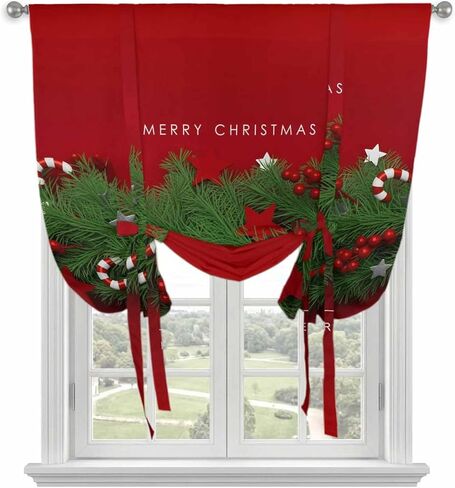 Christmas Tie Up Curtains for Window, Winter Chic Pine Branch Xmas Sandpins Candy Red Thermal Balloon Shade Adjustable Rod Pocket Curtains Valance Panels for Kitchen Bathroom Café 42'' x 45'' in Saudi Arabia