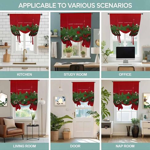 Christmas Tie Up Curtains for Window, Winter Chic Pine Branch Xmas Sandpins Candy Red Thermal Balloon Shade Adjustable Rod Pocket Curtains Valance Panels for Kitchen Bathroom Café 42'' x 45'' in Saudi Arabia