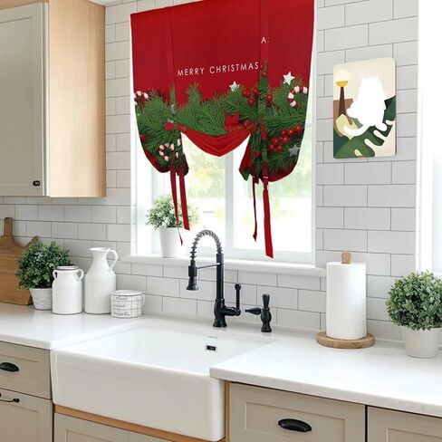Christmas Tie Up Curtains for Window, Winter Chic Pine Branch Xmas Sandpins Candy Red Thermal Balloon Shade Adjustable Rod Pocket Curtains Valance Panels for Kitchen Bathroom Café 42'' x 45'' in Saudi Arabia