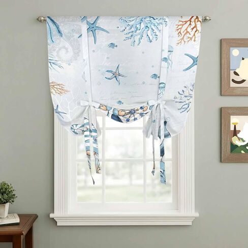 Blue Gnomes Coastal Tie Up Curtains for Window, Nautical Coral Starfish Ocean Summer Thermal Insulated Balloon Shade Adjustable Rod Pocket Curtains Valance Panels for Kitchen Bathroom Café 34'' x 45'' in Saudi Arabia