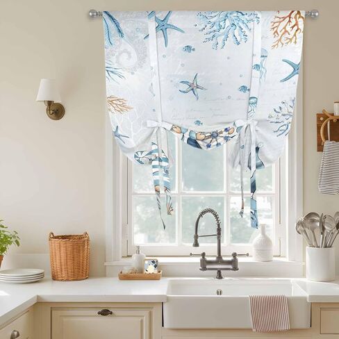 Blue Gnomes Coastal Tie Up Curtains for Window, Nautical Coral Starfish Ocean Summer Thermal Insulated Balloon Shade Adjustable Rod Pocket Curtains Valance Panels for Kitchen Bathroom Café 34'' x 45'' in Saudi Arabia