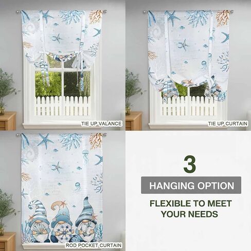 Blue Gnomes Coastal Tie Up Curtains for Window, Nautical Coral Starfish Ocean Summer Thermal Insulated Balloon Shade Adjustable Rod Pocket Curtains Valance Panels for Kitchen Bathroom Café 34'' x 45'' in Saudi Arabia