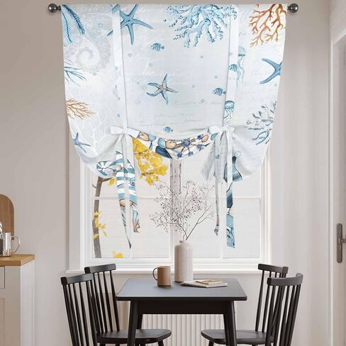 Blue Gnomes Coastal Tie Up Curtains for Window, Nautical Coral Starfish Ocean Summer Thermal Insulated Balloon Shade Adjustable Rod Pocket Curtains Valance Panels for Kitchen Bathroom Café 34'' x 45'' in Saudi Arabia