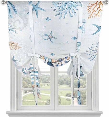 Blue Gnomes Coastal Tie Up Curtains for Window, Nautical Coral Starfish Ocean Summer Thermal Insulated Balloon Shade Adjustable Rod Pocket Curtains Valance Panels for Kitchen Bathroom Café 34'' x 45'' in Saudi Arabia