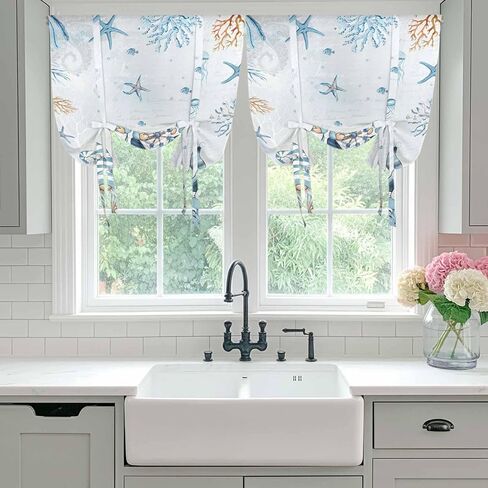 Blue Gnomes Coastal Tie Up Curtains for Window, Nautical Coral Starfish Ocean Summer Thermal Insulated Balloon Shade Adjustable Rod Pocket Curtains Valance Panels for Kitchen Bathroom Café 34'' x 45'' in Saudi Arabia