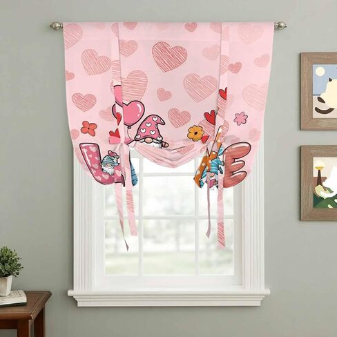 Valentine's Day Tie Up Curtains for Window, Colorful Love Gnomes Modern Romantic Thermal Insulated Balloon Shade Adjustable Rod Pocket Curtains Valance Panels for Kitchen Bathroom Café 34'' x 45'' in Saudi Arabia