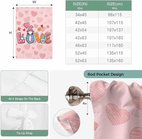 Valentine's Day Tie Up Curtains for Window, Colorful Love Gnomes Modern Romantic Thermal Insulated Balloon Shade Adjustable Rod Pocket Curtains Valance Panels for Kitchen Bathroom Café 34'' x 45'' in Saudi Arabia