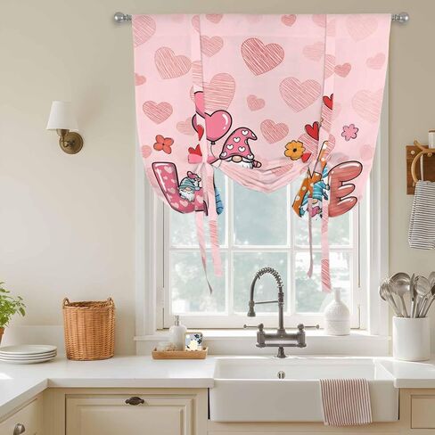 Valentine's Day Tie Up Curtains for Window, Colorful Love Gnomes Modern Romantic Thermal Insulated Balloon Shade Adjustable Rod Pocket Curtains Valance Panels for Kitchen Bathroom Café 34'' x 45'' in Saudi Arabia