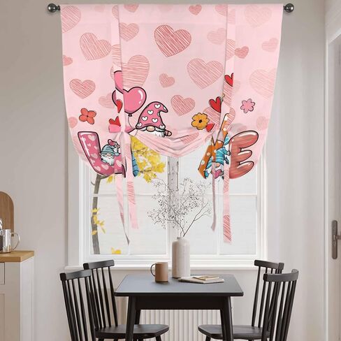 Valentine's Day Tie Up Curtains for Window, Colorful Love Gnomes Modern Romantic Thermal Insulated Balloon Shade Adjustable Rod Pocket Curtains Valance Panels for Kitchen Bathroom Café 34'' x 45'' in Saudi Arabia