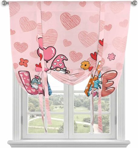 Valentine's Day Tie Up Curtains for Window, Colorful Love Gnomes Modern Romantic Thermal Insulated Balloon Shade Adjustable Rod Pocket Curtains Valance Panels for Kitchen Bathroom Café 34'' x 45'' in Saudi Arabia