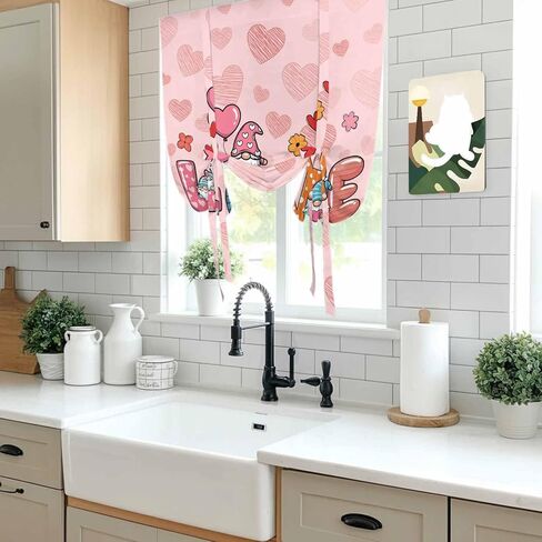 Valentine's Day Tie Up Curtains for Window, Colorful Love Gnomes Modern Romantic Thermal Insulated Balloon Shade Adjustable Rod Pocket Curtains Valance Panels for Kitchen Bathroom Café 34'' x 45'' in Saudi Arabia