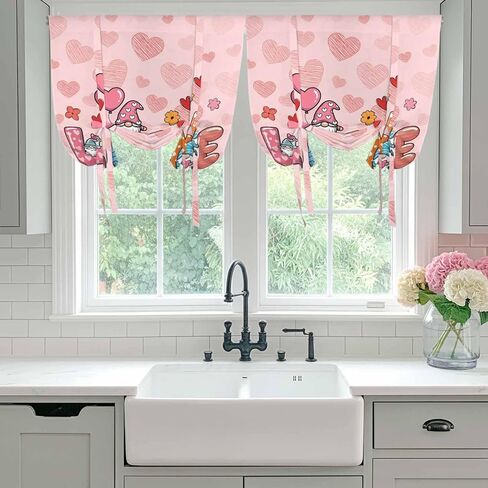 Valentine's Day Tie Up Curtains for Window, Colorful Love Gnomes Modern Romantic Thermal Insulated Balloon Shade Adjustable Rod Pocket Curtains Valance Panels for Kitchen Bathroom Café 34'' x 45'' in Saudi Arabia
